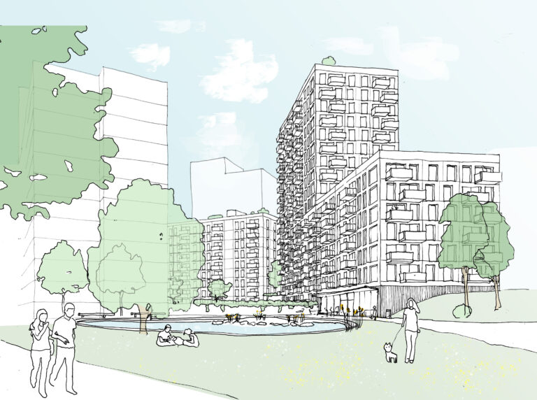 The drawing shows the proposal for Wembley Park towers with park in the foreground.