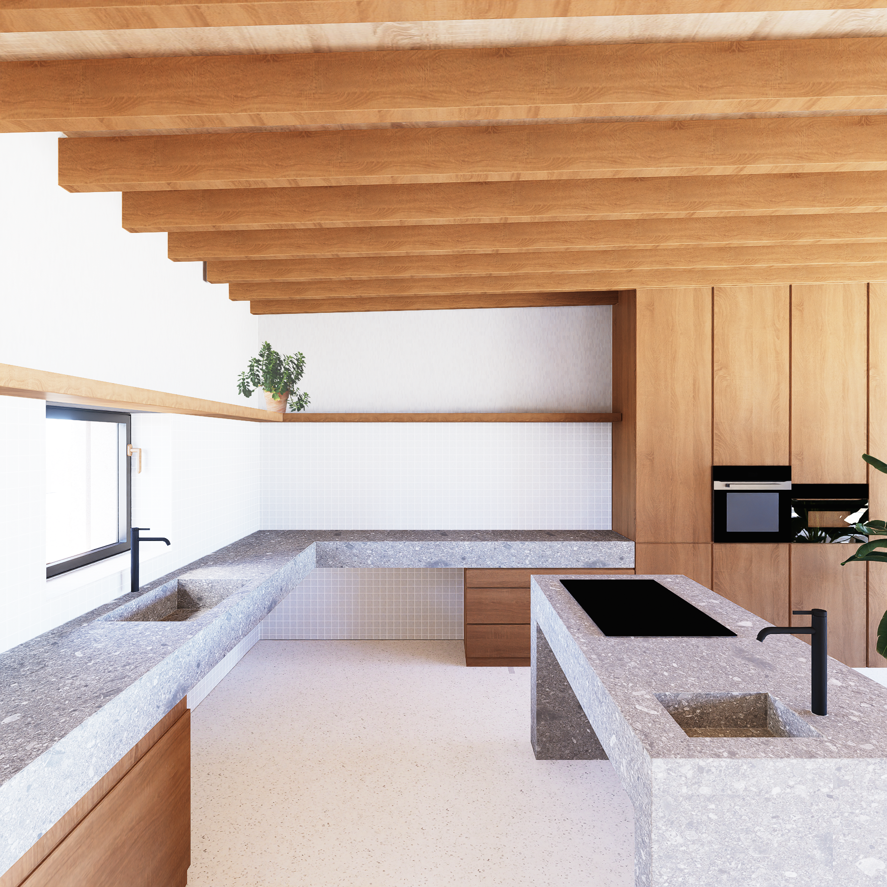 Wabi Sabi Kitchen in Cepo di Gre stone. Timber ceiling beams and pastel tone colors.