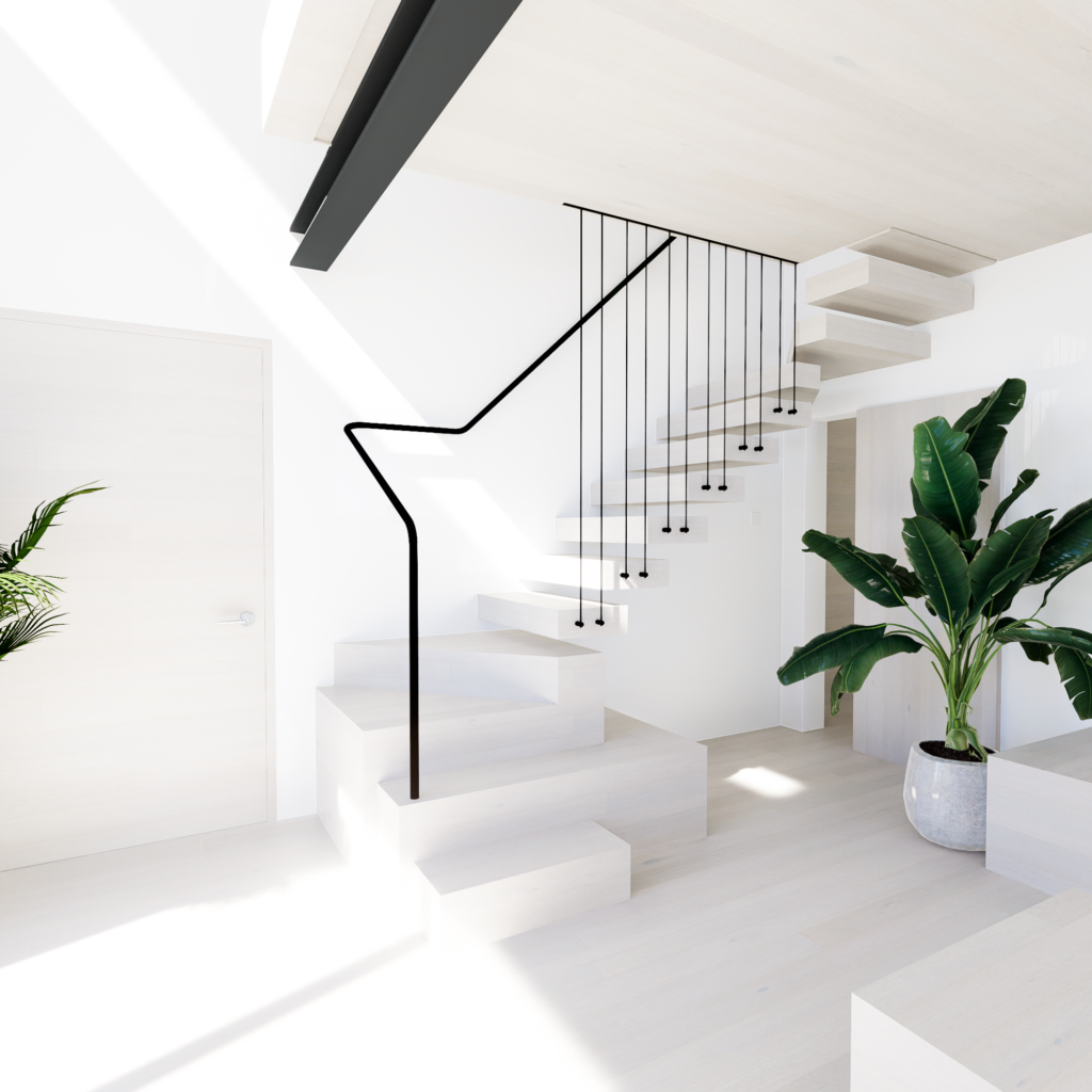 White sleek room with a maisonette floor finished in white timber. The room is washed in pleasant light.