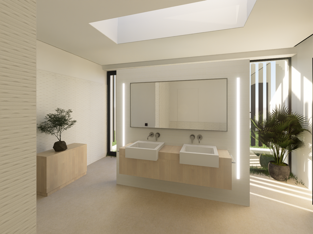 Soft palette bathroom with indirectly lighting via rooflight.