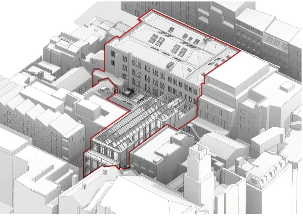 Curtain road site showing original warehouse and new proposed development.