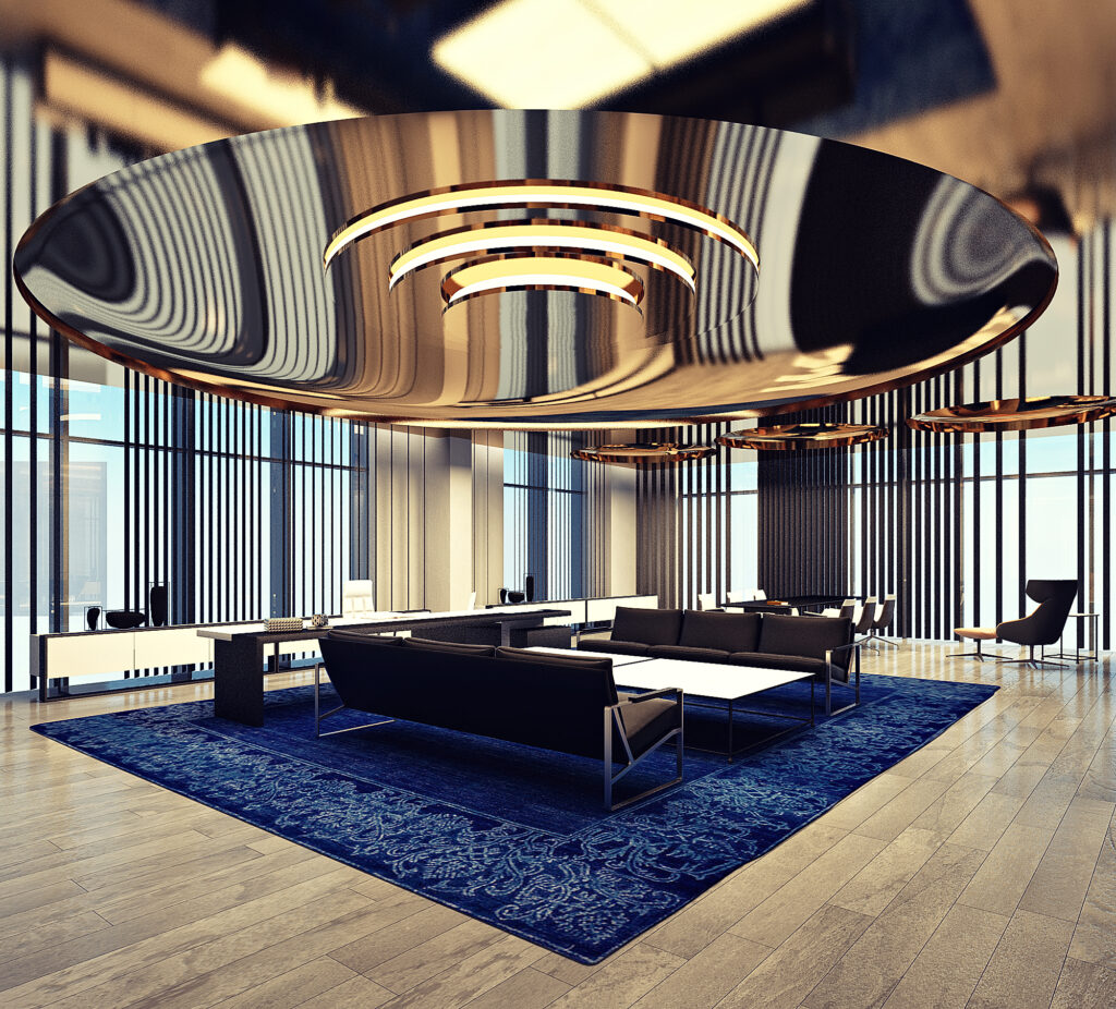 Sleek and glossy office interior with a blue rug and a comfortable sofa.