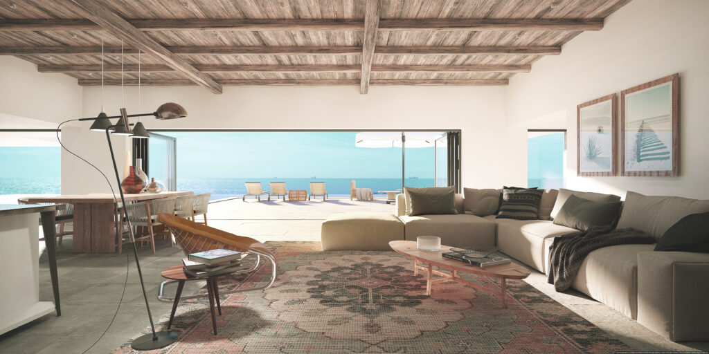 Cozy Mediterranean Interior with timber ceiling and a large rug. Open sea view in the background.