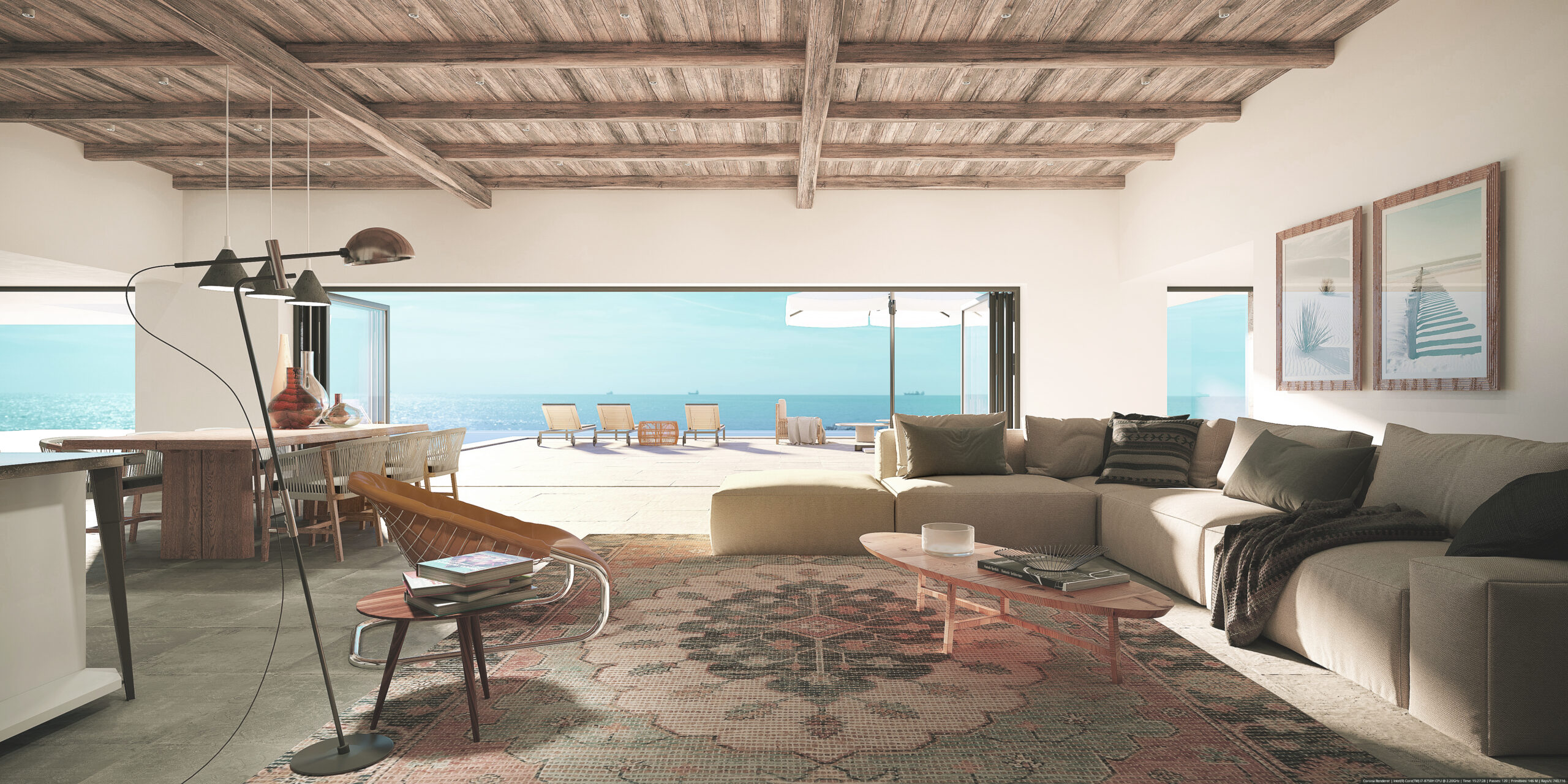 Cozy Mediterranean Interior with timber ceiling and a large rug. Open sea view in the background.