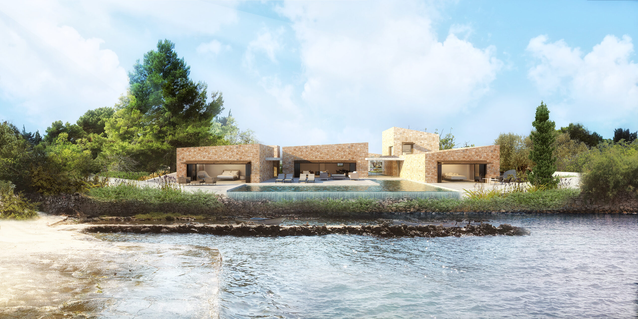 Coastal view of a seaside stone house in sleek forms and roofs with sloped parapets